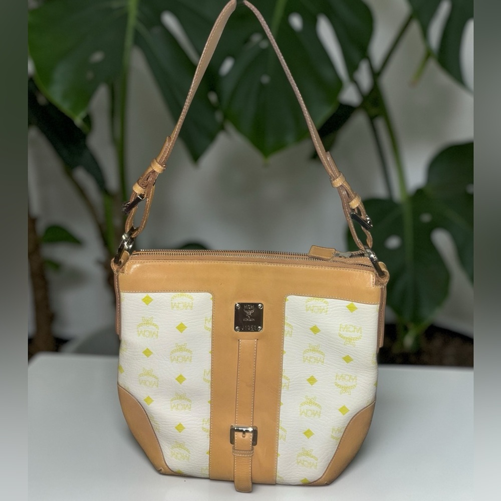 Rare MCM yellow and white Visetos leather hobo shoulder bag
